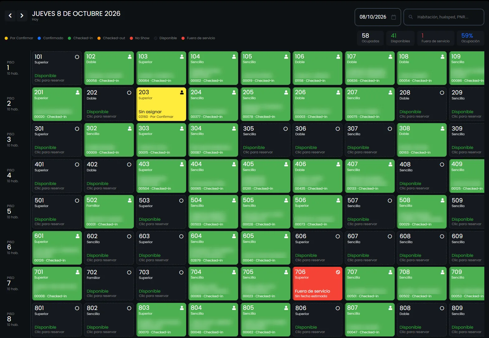 Vista Rack de Legendbeds: habitaciones de 8 pisos con estado por color y ocupación del día