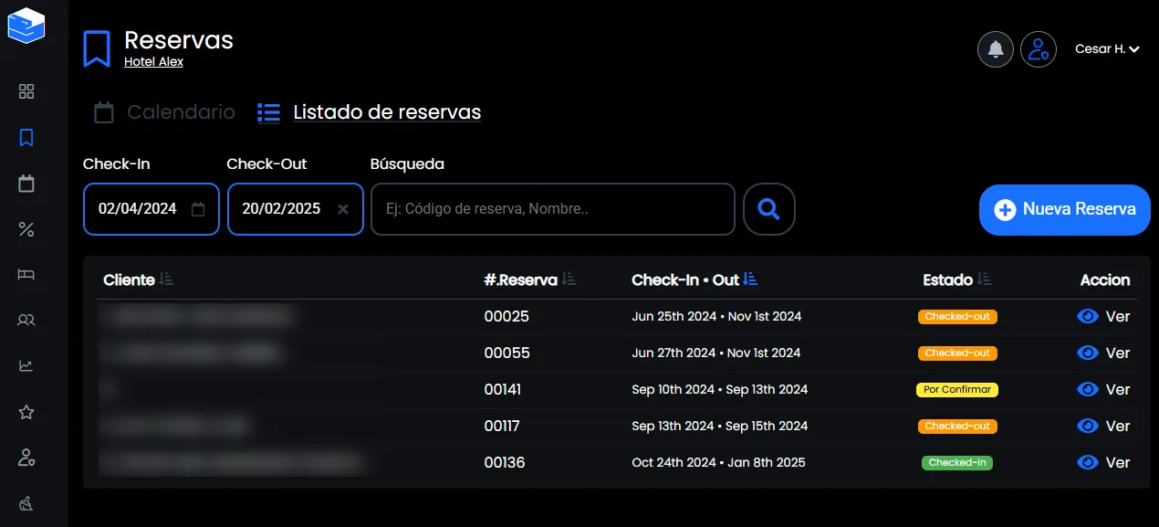 Listado de reservas con filtros por fecha, búsqueda y estado